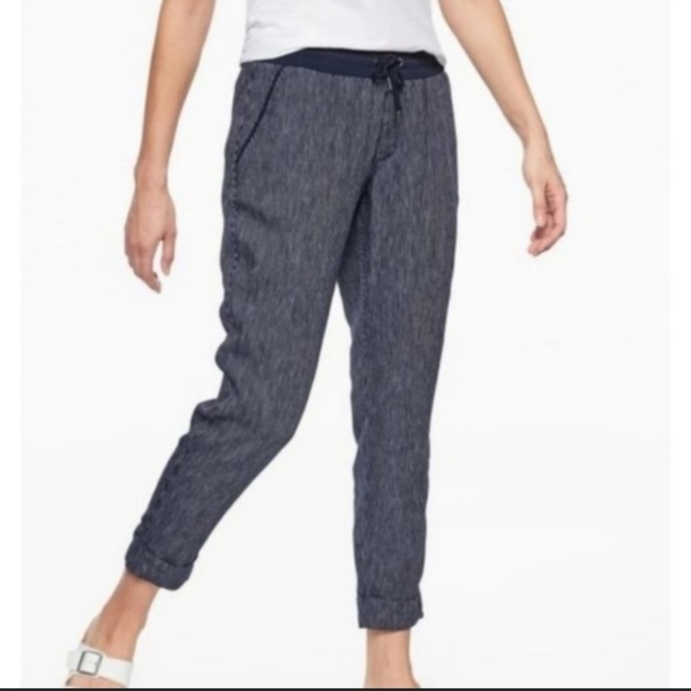 Athleta 100% Linen Striped Bali Relaxed Fit Jogger Ankle Pants in Navy White - Picture 11 of 11